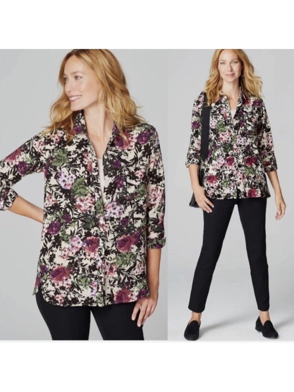 J. Jill Floral Button-Down Shirt in Purple and Green